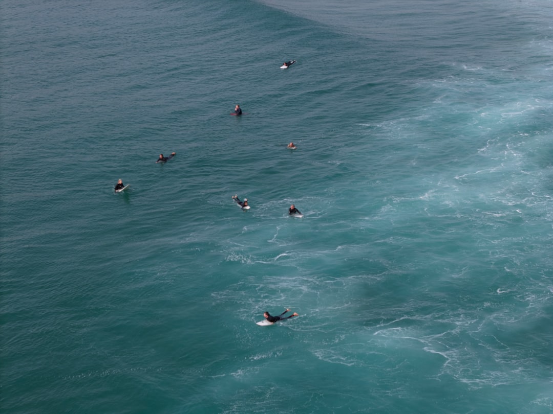 秋の海で波待ちするウェットスーツ姿のサーファー