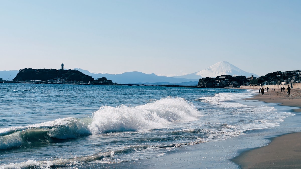 国府の浜のような遠浅のビーチブレイクに集まるサーファーたち