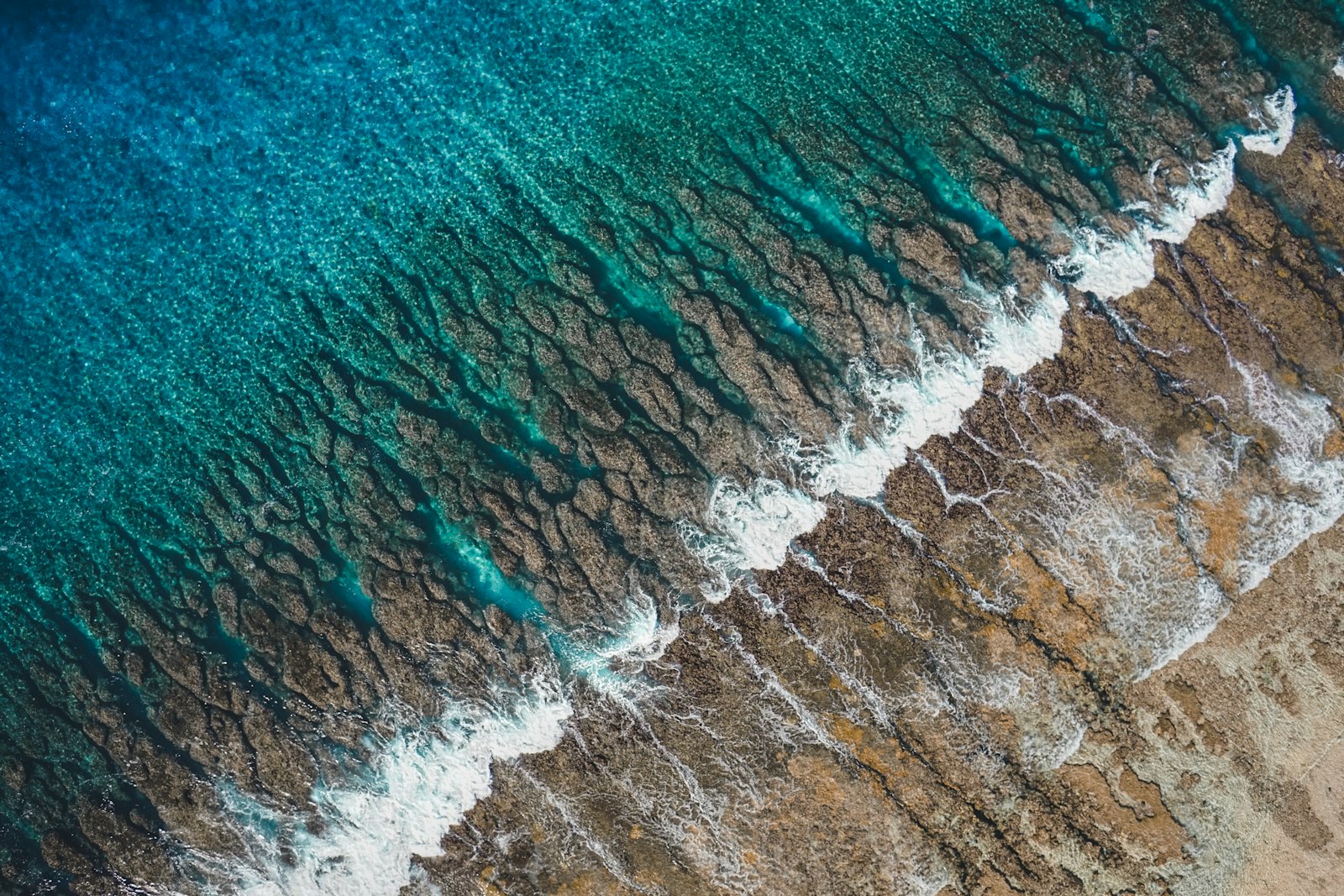沖縄のリーフに北うねりが割れる様子を空撮で捉えた海岸線