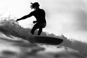 50代からサーフィンを始める大人サーファーがロングボードで波に乗る様子
