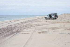 冬の砂浜に止まるサーフボードを積んだ車とタイヤの轍